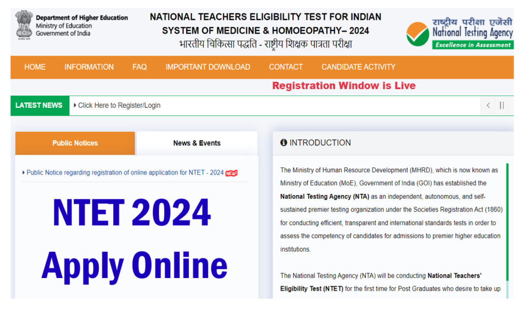 NTA NTET Online Form 2024 