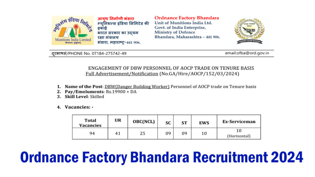 Ordnance Factory Bhandara Recruitment 2024