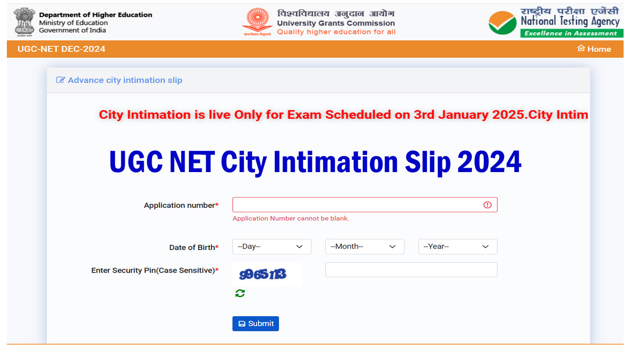 UGC NET City Intimation Slip 2024