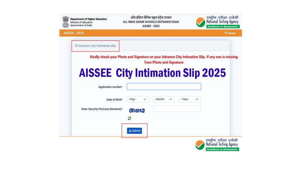 AISSEE Sainik School City Intimation Slip 2025