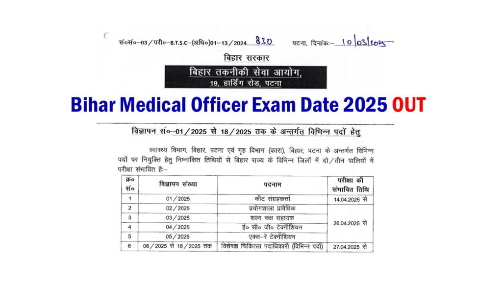 BTSC Bihar Medical Officer Exam Date 2025